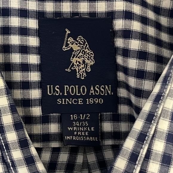US polo men’s long sleeve plaid shirt wrinkle free 16.5 neck navy blue, white - Picture 2 of 7